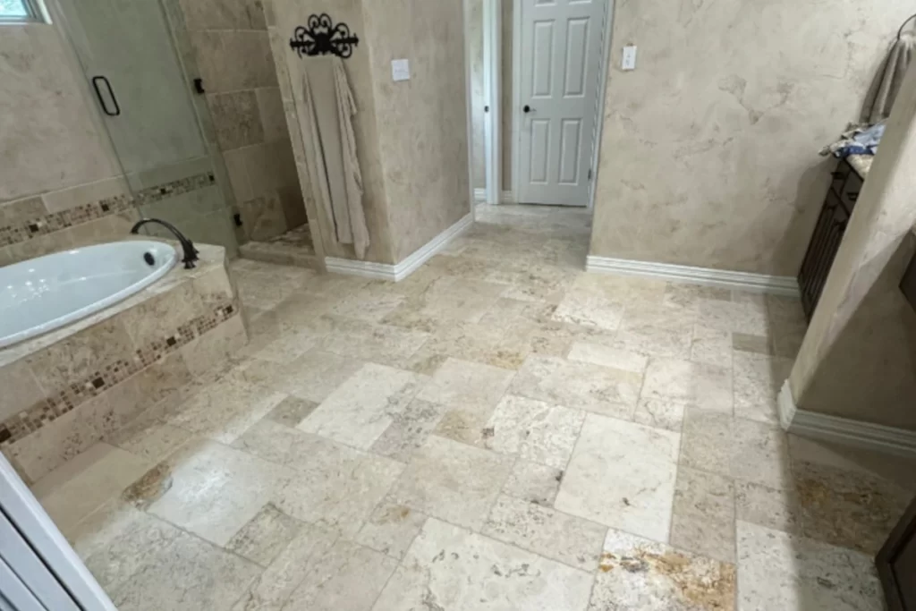 spacek travertine bathroom overview after sealing natural stone cleaning